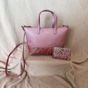 Kate Spade Greta Court Ina Glitter Dusty Peony Mini Satchel + Matching Card Case